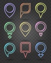 Map pin neon signs. Vector illuminated frames for place points