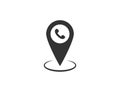 Map pin with phone icon. Location marker with telephone symbol. Isolated position pointer. Geo pin with phone sign. Positioning