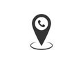 Map pin with phone icon. Location marker with telephone symbol. Isolated position pointer. Geo pin with phone sign