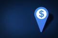 Map pin pointers concept of American dollar symbol on dark blue background, dollar currency concept Royalty Free Stock Photo