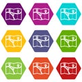 Map with pin pointers icon set color hexahedron Royalty Free Stock Photo