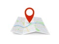 Map with pin. Red direction pointer on folded city map, gps navigation and travel location vector 3d icon Royalty Free Stock Photo