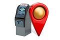 Map pointer with ATM machine. Cash machine location concept, 3D rendering