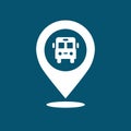 Map pointer with bus icon isolated on blue background. Flat design. Vector Illustration Royalty Free Stock Photo