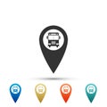 Map pointer with bus icon isolated on white background. Set elements in colored icons. Flat design. Vector Royalty Free Stock Photo