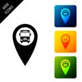 Map pointer with bus icon isolated on white background. Set icons colorful square buttons Royalty Free Stock Photo