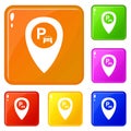 Map pointer with car parking icons set vector color Royalty Free Stock Photo