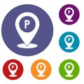 Map pointer with car parking sign icons set Royalty Free Stock Photo