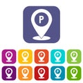 Map pointer with car parking sign icons set Royalty Free Stock Photo