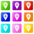 Map pointer with church icons 9 set Royalty Free Stock Photo