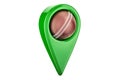 Map pointer with cricket ball, location concept. 3D rendering