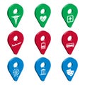 Map pointer 3d pin for Smart City. Set of 3D geolocation signs with icons. Transport, medicine, recreation. Location symbols vect