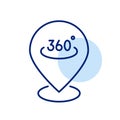 Map pointer with 360 degree symbol on it. Panoramic view of the environment. Immersive location exploration