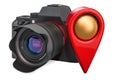 Map pointer with digital camera, 3D rendering Royalty Free Stock Photo