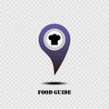 Map pointer with food guide. Grey background. Vector illustration.