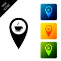 Map pointer with hot coffee cup icon isolated on white background. Set icons colorful square buttons Royalty Free Stock Photo