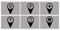 Map pointer icons set, navigation pins. Vector, isolated on grey background. Royalty Free Stock Photo