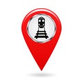 Map pointer. Index of rail traffic. The train and the locomotive. Risk of hitting or collision. Safety symbol. Red object on a whi