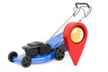 Map pointer with lawn mower, 3D rendering Royalty Free Stock Photo