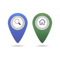 Map pointer with loupe and home icons. Vector illustration. Royalty Free Stock Photo