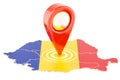 Map pointer on the map of Romania, 3D rendering Royalty Free Stock Photo