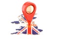 Map pointer on the map of United Kingdom, 3D rendering Royalty Free Stock Photo