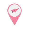 Map pointer with origami paper plane icon. Pink marker.