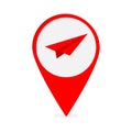 Map pointer with origami paper plane icon. Red marker. Flat design. White background. Isolated