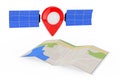 Map Pointer Pin as Satelite over Folded Abstract Navigation Map.