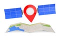 Map Pointer Pin as Satelite over Folded Abstract Navigation Map.