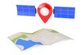 Map Pointer Pin as Satelite over Folded Abstract Navigation Map.