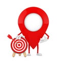 Map Pointer Pin Character Mascot with Archery Target with Dart in Center. 3d Rendering Royalty Free Stock Photo