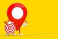 Map Pointer Pin Character Mascot with Archery Target with Dart in Center. 3d Rendering Royalty Free Stock Photo