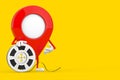 Map Pointer Pin Character Mascot with Film Reel Cinema Tape. 3d Rendering