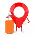 Map Pointer Pin Character Mascot with Orange Travel Suitcase. 3d Rendering Royalty Free Stock Photo