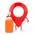 Map Pointer Pin Character Mascot with Orange Travel Suitcase. 3d Rendering