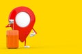 Map Pointer Pin Character Mascot with Orange Travel Suitcase. 3d Rendering Royalty Free Stock Photo