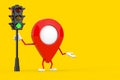 Map Pointer Pin Character Mascot with Traffic Green Light. 3d Rendering