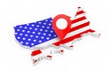 Map Pointer Pin over USA Map with United States of America Flag. 3d Rendering Royalty Free Stock Photo