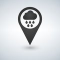 Map pointer with rain and cloud icon.