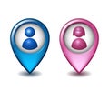 Map pointer set with male and female symbols. Pink and blue round markers. Royalty Free Stock Photo