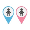 Map pointer set. Man Woman icon Pink and blue round markers. Restroom symbol Isolated White background Flat design.