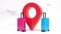 Map pointer with suitcases on a white background. The concept of travel, travel together, male-female, newlyweds, honeymoon.