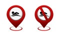 Map pointer with swim icon.  Location for swimming and not for swimming sign. Royalty Free Stock Photo