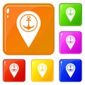 Map pointer with symbol anchor and sea port icons set vector color