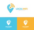 Map pointer and wifi logo combination. GPS locator and signal symbol or icon. Unique pin and radio, internet logotype