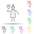 Map pointer, woman multi color set icon. Simple thin line, outline of travel icons for ui and ux, website or mobile application