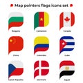 Map pointers flags icons set. Flag icon in simple rectangular pointer shape. Vector icon, symbol, button. Illustration in flat Royalty Free Stock Photo