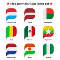 Map pointers flags icons set. Flag icon in simple rectangular pointer shape. Vector icon, symbol, button. Illustration in flat Royalty Free Stock Photo