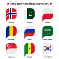 Map pointers flags icons set. Flag icon in simple rectangular pointer shape. Vector icon, symbol, button. Illustration in flat Royalty Free Stock Photo